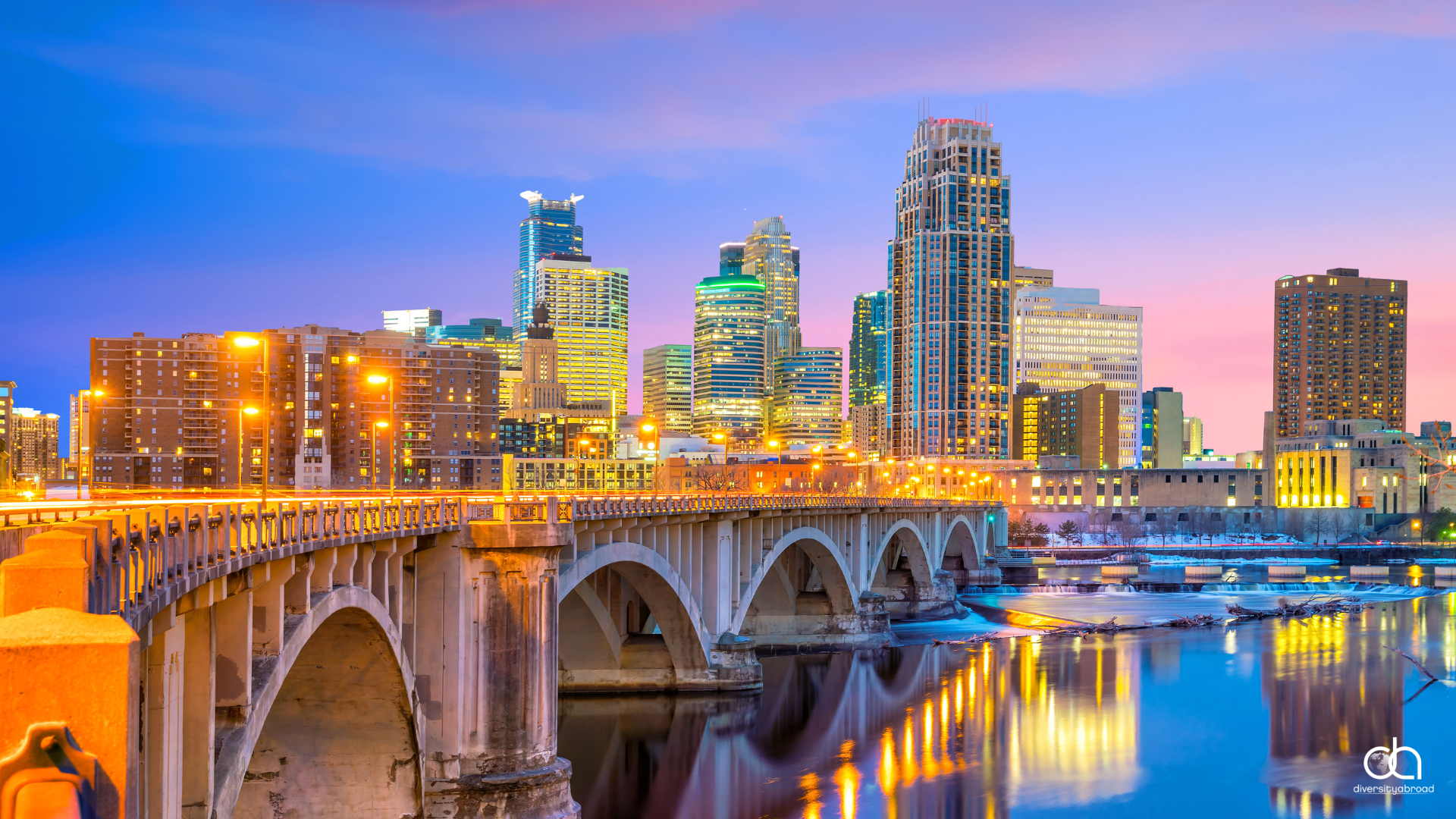 Minneapolis Minnesota bridge at night with lights turned on and cityline view in the background